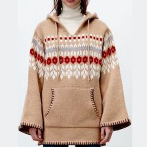 Zara Sweater Women's Size Medium Hooded Poncho Brown Fair Isle Wool Blend